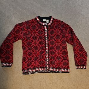 L.L. Bean Red and Black Patterned Cardigan